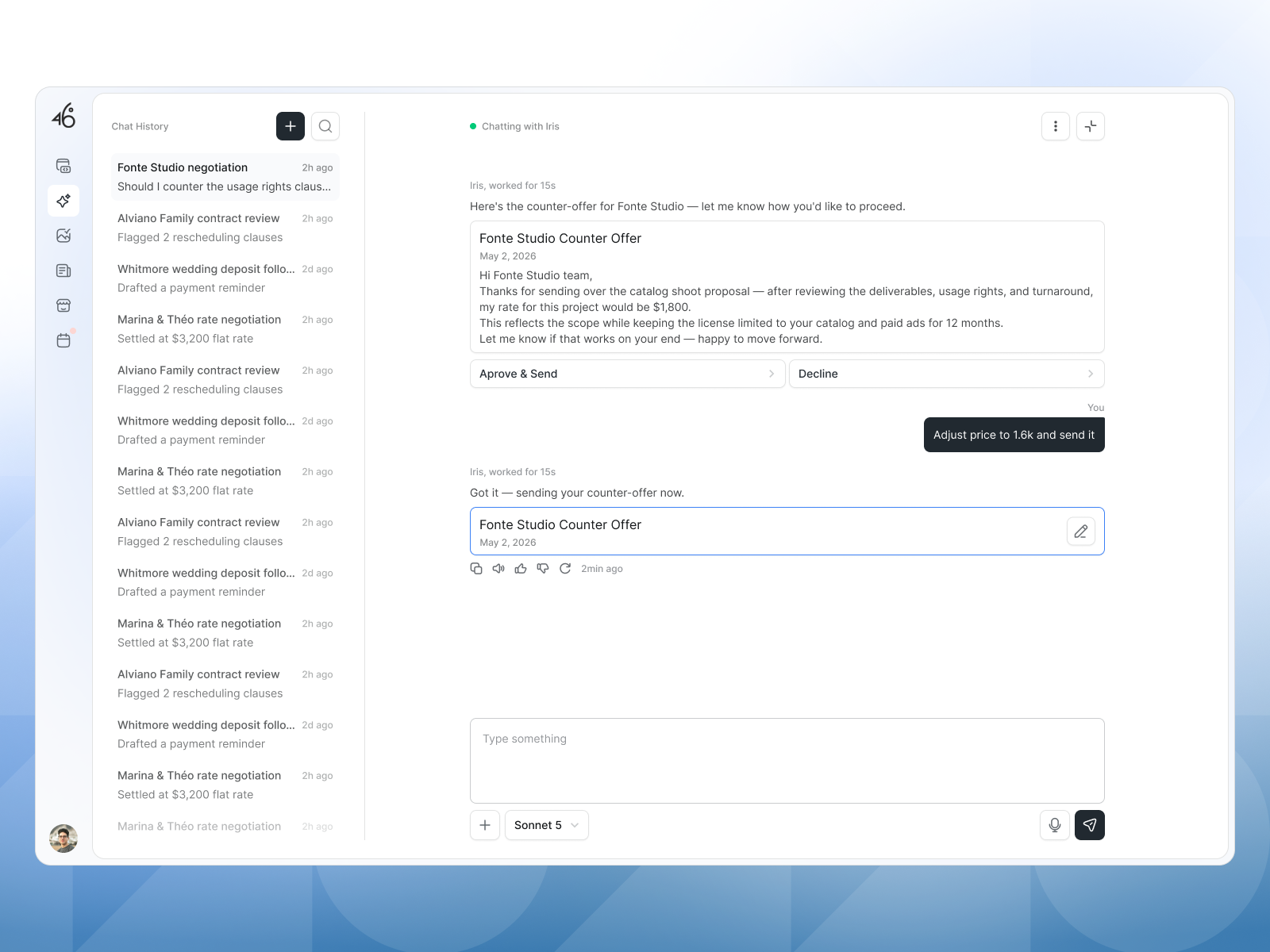 Expanded chat thread with an AI-drafted counter-offer
